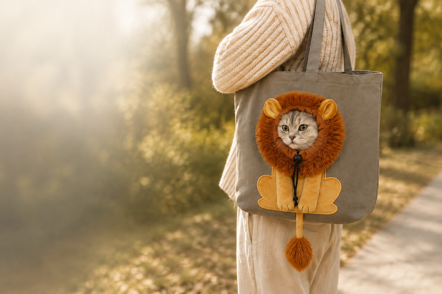 Silver tabby cat peeking through the lion mane carrier