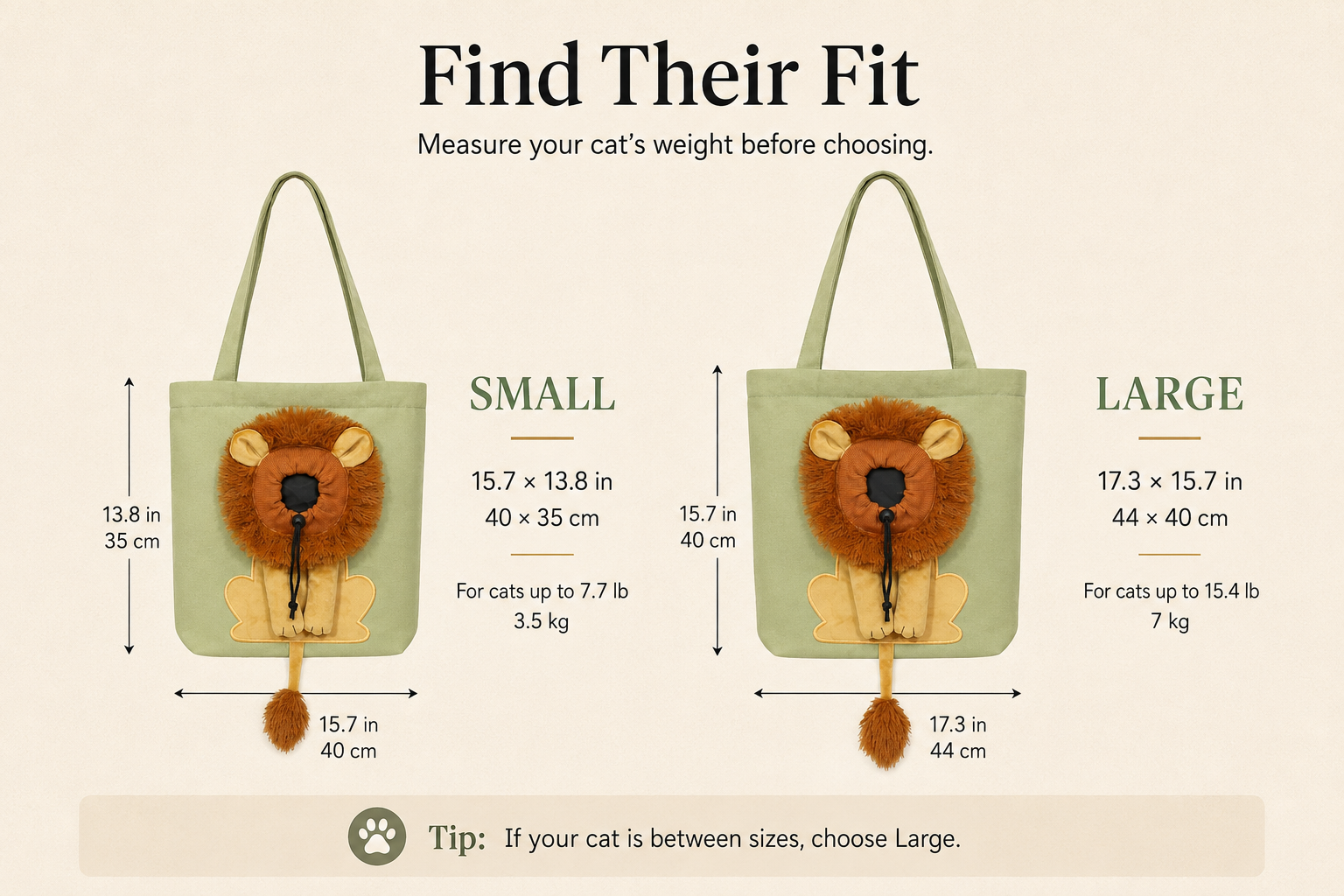 Little Roar lion carrier size guide
