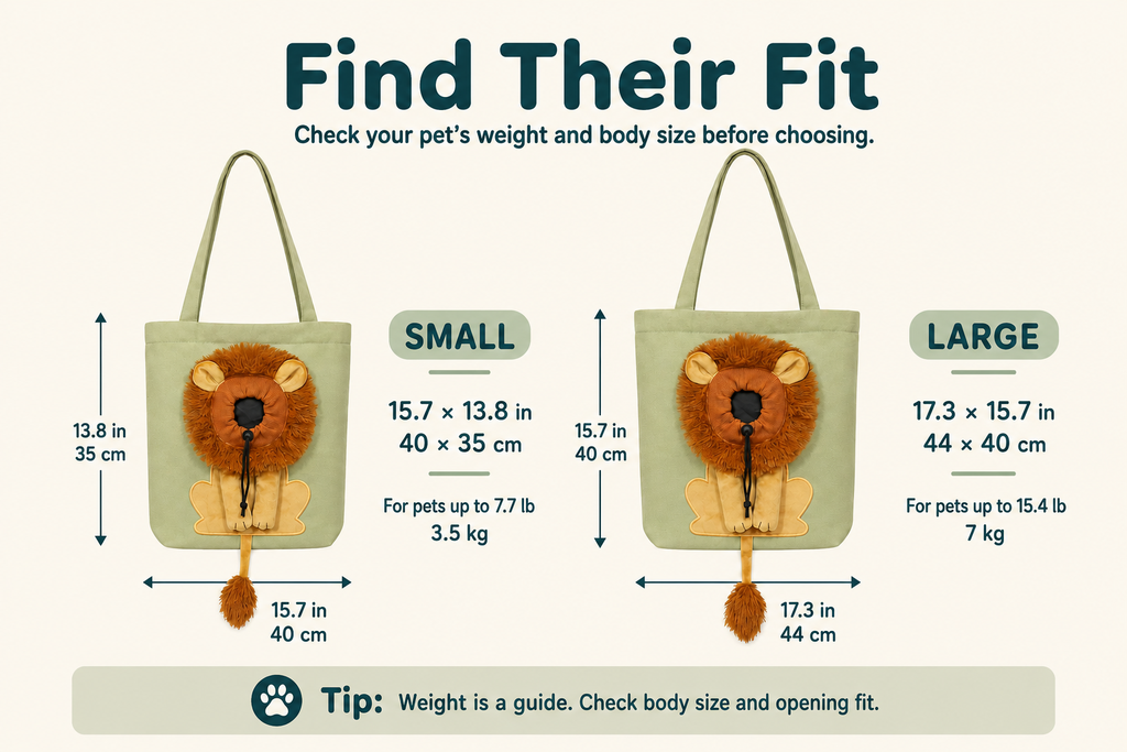 Small and Large lion pet carrier dimensions in inches and centimeters, with pet weight guidance